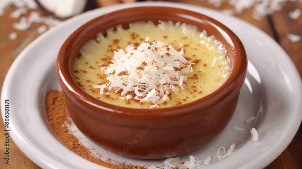Creamy colombian natilla with grated coconut and cinnamon, served in a traditional brown clay dish, a delicious latin american holiday treat Creamy colombian natilla with grated coconut and cinnamon, served in a traditional brown clay dish, a delicious latin american holiday treat