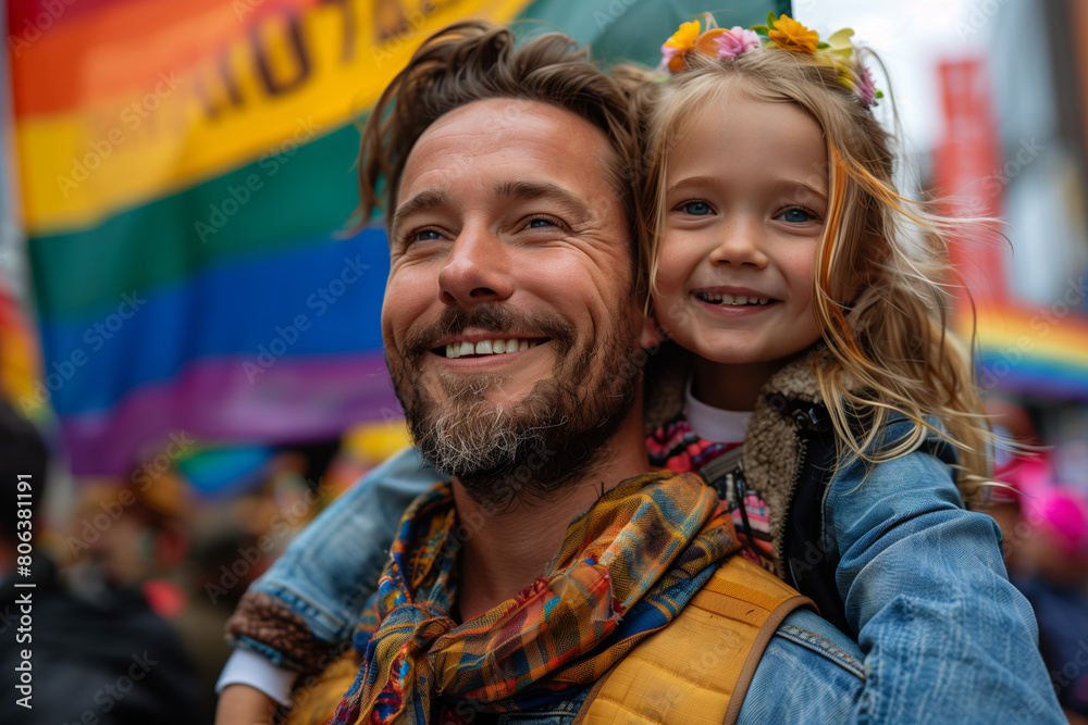 Fototapeta premium Father Carrying Daughter in Gay Pride Parade