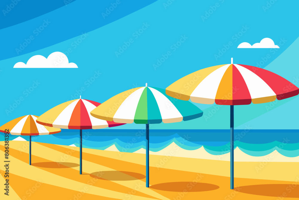 Colorful beach umbrellas lined up on a sandy beach with clear blue skies and bright sunlight. Concept of beach resort, summer vacation, sun protection, and leisure. Graphic illustration