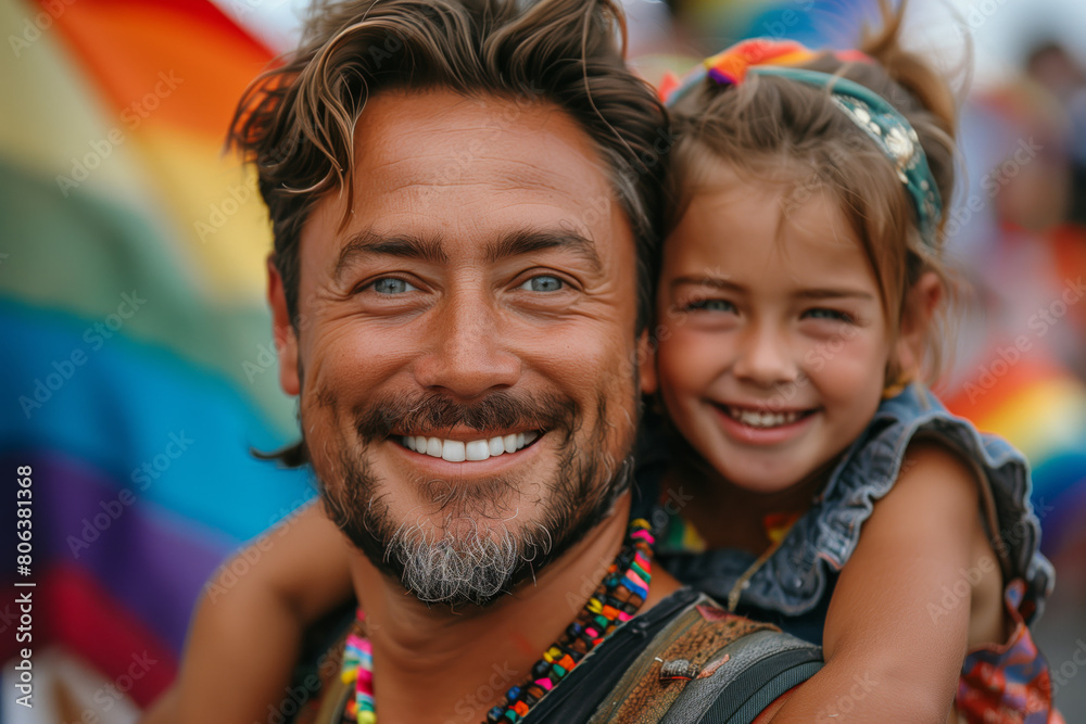 Fototapeta premium Father Carrying Daughter in Gay Pride Parade