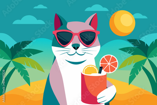 Cat in sunglasses enjoying fruit cocktail in tropical setting. Smiling Feline with soft drink. Concept of summer vibes, refreshing drink, exotic beverage, vacation. Design. Print. Art