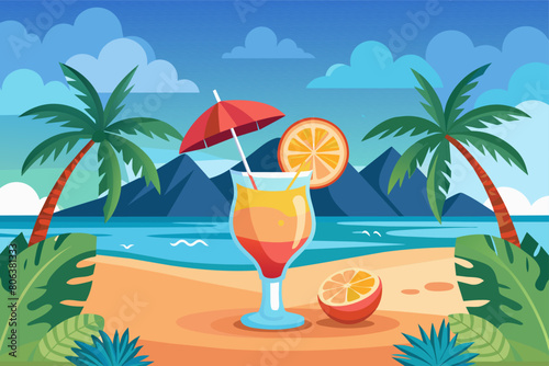 Refreshing tropical cocktail against tropical ocean background. Vibrant drink in natural setting. Concept of summer drinks  refreshing beverages  exotic cocktails  leisure. Graphic illustration
