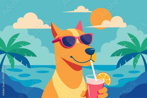 Happy dog with sunglasses with tropical cocktail. Cheerful pet in a summer beach setting. Concept of summer fun, pet leisure, vacation vibes, refreshing drinks. Print. Design. Graphic art
