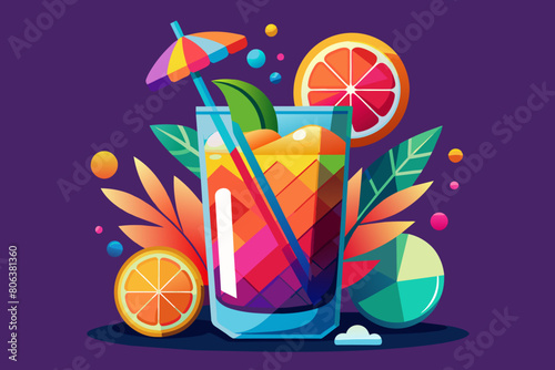 Refreshing tropical cocktail against purple background. Vibrant drink in floral setting. Concept of summer drinks, refreshing beverages, exotic cocktails, leisure. Graphic illustration
