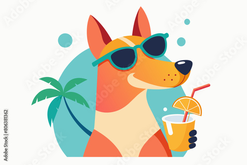 Smiling dog in sunglasses with tropical cocktail. Puppy with fruit soft drink. Concept of summer fun, leisure, vacation vibes. Isolated on white background. Print. Design element. Art