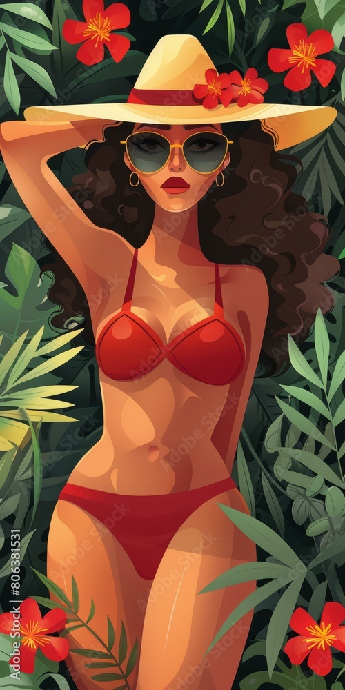 Vibrant illustration of stylish woman in red bikini, wide-brimmed hat, surrounded by lush tropical foliage, evoking summer vibes and fashion. Vibrant illustration of stylish woman in red bikini, wide-brimmed hat, surrounded by lush tropical foliage, evoking summer vibes and fashion.
