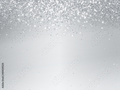 Silver glitter lights background. Sparkling glittering rain effect. Celebration backdrop for Christmas, wedding, birthday party. Luxury metallic frame, border. Vector.