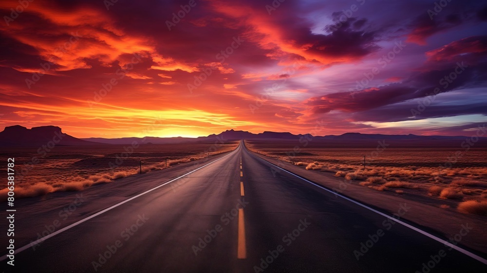 A long and winding road stretches out into the distance, with a brilliant sunset painting the sky in shades of pink, purple, and blue.