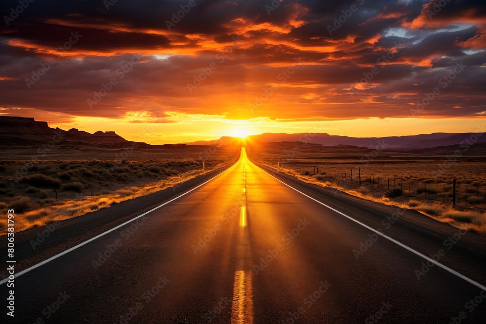 A long and winding road stretches out into the distance, with a brilliant sunset lighting up the sky above.