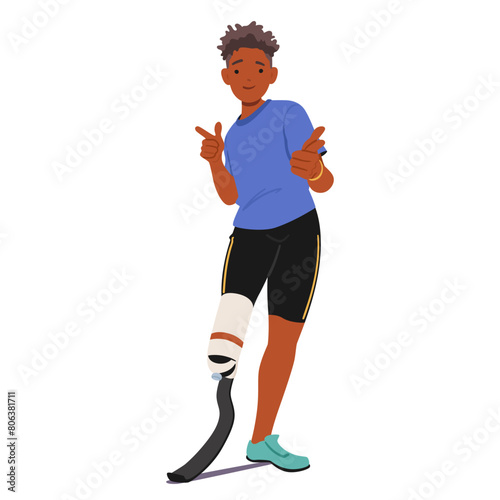 Energetic Disabled Boy Character With A Prosthetic Leg, In Sportswear, Giving Thumbs Up, Symbolizing Enthusiasm