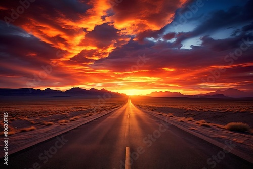 A long and winding road stretches into the distance, with a brilliant orange sunset lighting up the sky above.