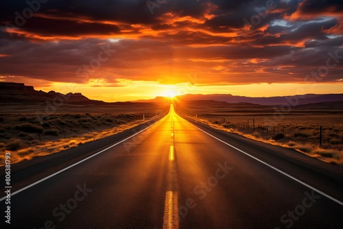 A long and winding road stretches out into the distance  with a brilliant sunset lighting up the sky above.