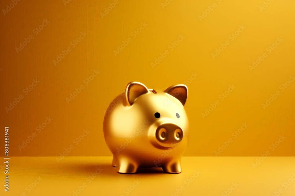 A golden piggy bank sits on a golden table against a golden background. The piggy bank is slightly angled to the right of the frame.