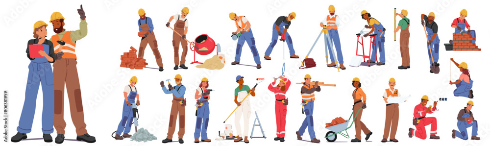 Diverse Group Of Builders Engaged In Construction Activities, Planning, Bricklaying, Painting, And Using Various Tools Diverse Group Of Builders Engaged In Construction Activities, Planning, Bricklaying, Painting, And Using Various Tools