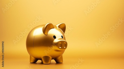 A golden piggy bank sits on a golden background. The piggy bank is smiling and has a coin slot on its back.