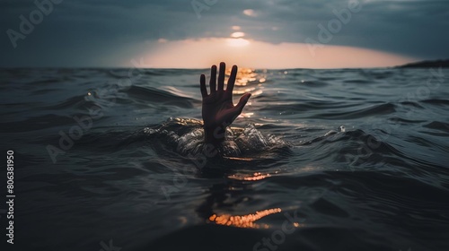 A hand reaching out of the water. The water is dark and murky. The hand is pale and looks like it is struggling to stay afloat. photo