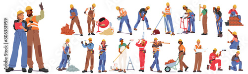 Diverse Group Of Builders Engaged In Construction Activities, Planning, Bricklaying, Painting, And Using Various Tools