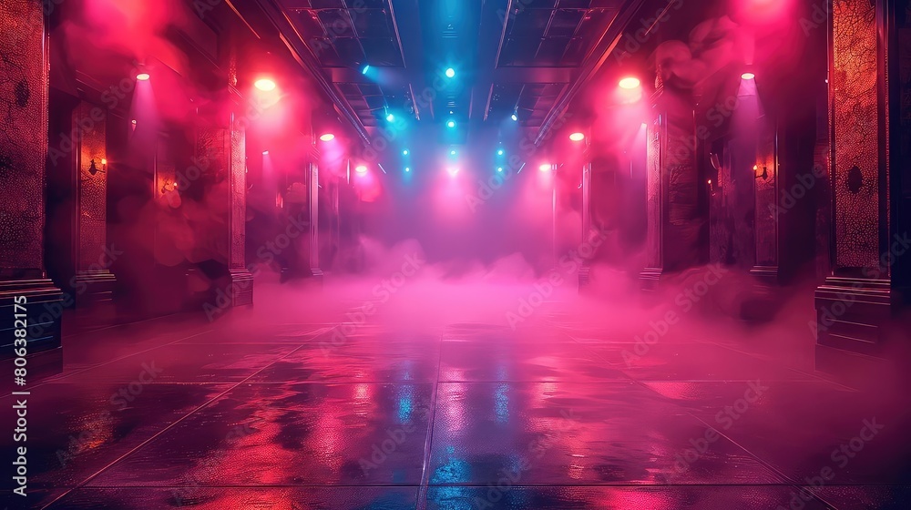 Moody nightclub with vibrant spotlights and fog.