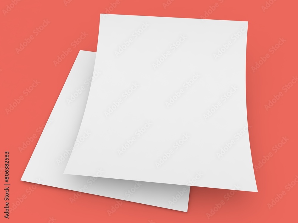 Two sheets of white paper on a red background. 3d render illustration. Two sheets of white paper on a red background. 3d render illustration.