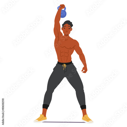 Fit Bodybuilder Lifting A Kettlebell Overhead With A Happy Expression On His Face, Demonstrating Strength, Vector