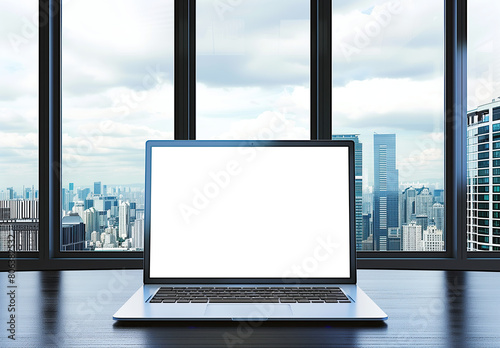 A sleek laptop with blank screen stands on an office desk, overlooking the city skyline through large windows. The white display of the computer is perfect for showcasing web designs or digital market
