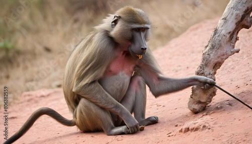 a-baboon-playing-with-a-stick-using-it-as-a-tool- 2 photo