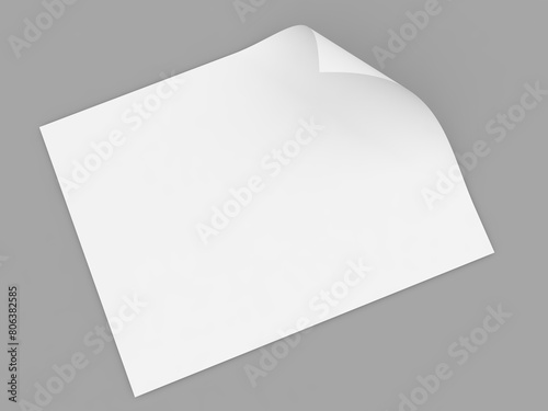 Sheet of curved A4 paper on a gray background. 3D rendering illustration.