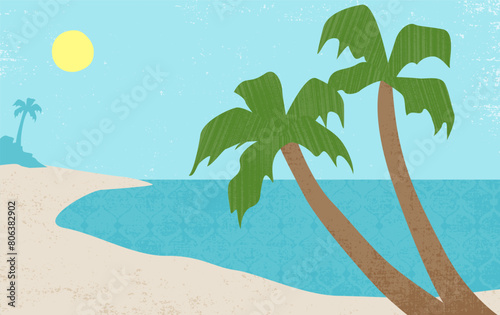 Palm trees on a tropical beach, in a cut paper style with textures
