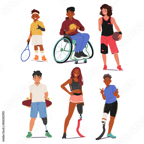 Joyful Children With Prosthetics And In Wheelchairs Actively Participating In Sports. Disabled Boys and Girls