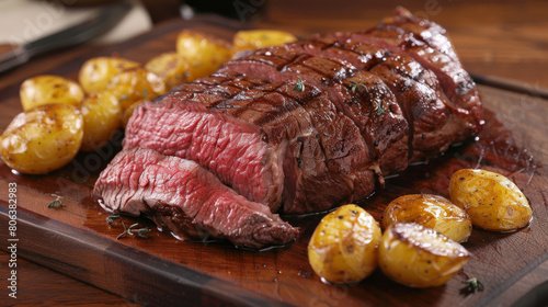 Savor the flavor of colombian cuisine with a mouthwatering medium-rare grilled steak and golden baby potatoes on a wooden board photo