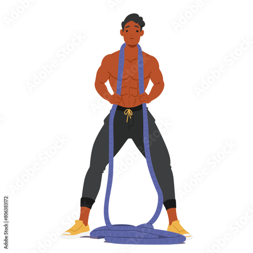 Shirtless Bodybuilder Stands Ready, Gripping A Heavy Battle Rope With A Determined Look, Highlighting His Sculpted Torso