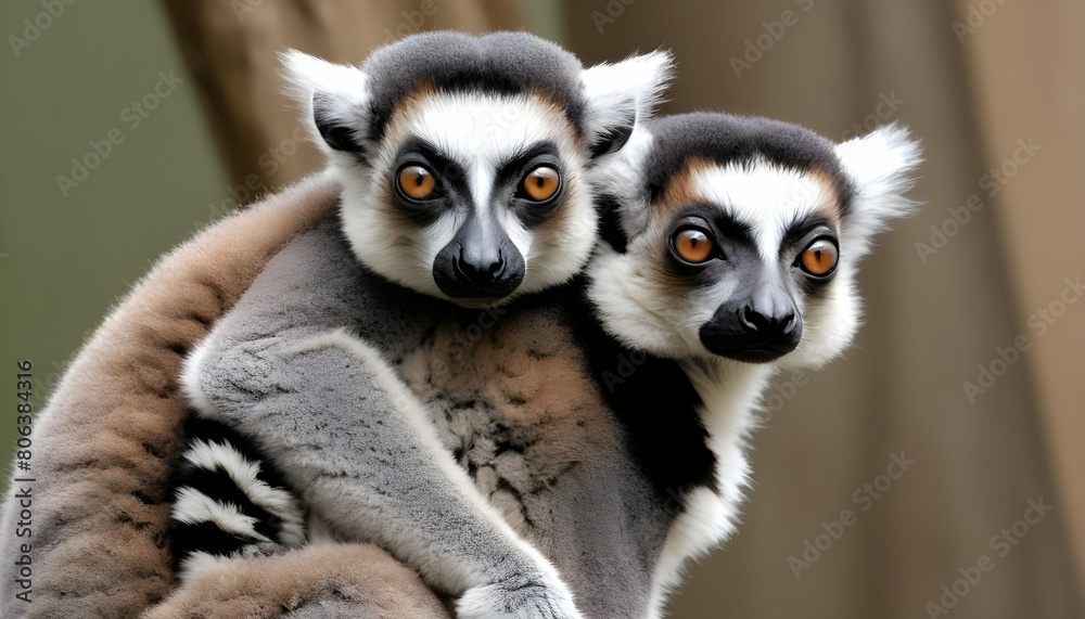 Naklejka premium A Mother Lemur Carrying Her Baby On Her Back The