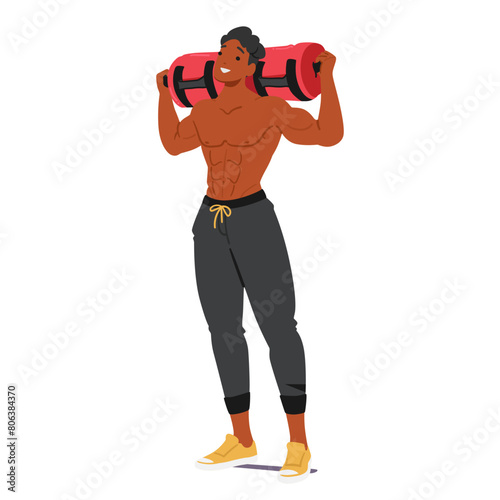 Bodybuilder With A Bright Smile Lifts A Weighted Bag Overhead, Showcasing His Well-defined Arms And Torso