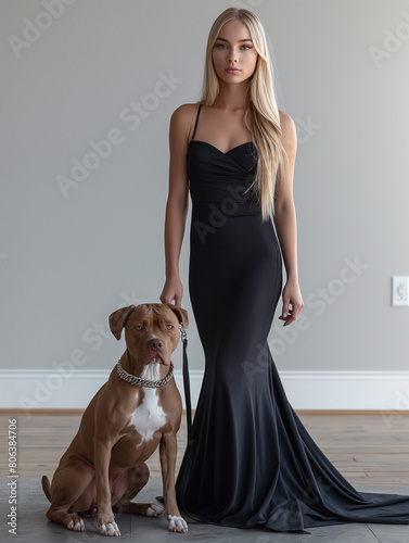 slim girl with long straight blonde hair in a tight long black dress, holding a brown stafford pit bull on a leash, in a room with white walls photo