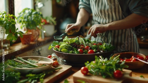 Healthy Eating: A person preparing a salad or meal using the organic vegetables, promoting the idea of healthy eating and the importance of consuming fresh, nutrient-rich foods. Generative AI