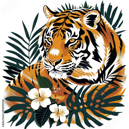 Coral Tiger head hand drawn with flower in safari illustration cartoon