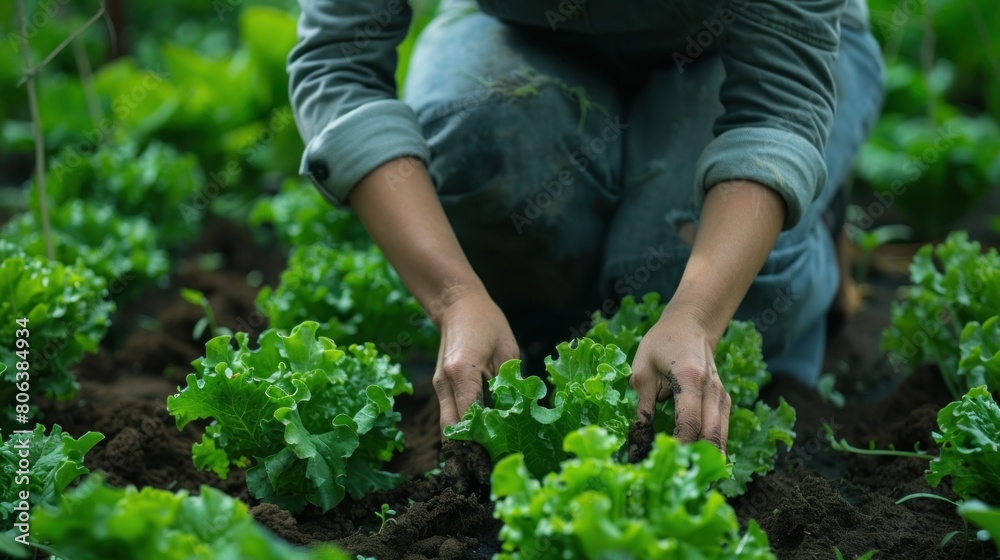 Home Gardening: A person tending to their own vegetable garden at home, showcasing the trend of growing organic produce in backyard gardens and promoting self-sufficiency in food production. 
