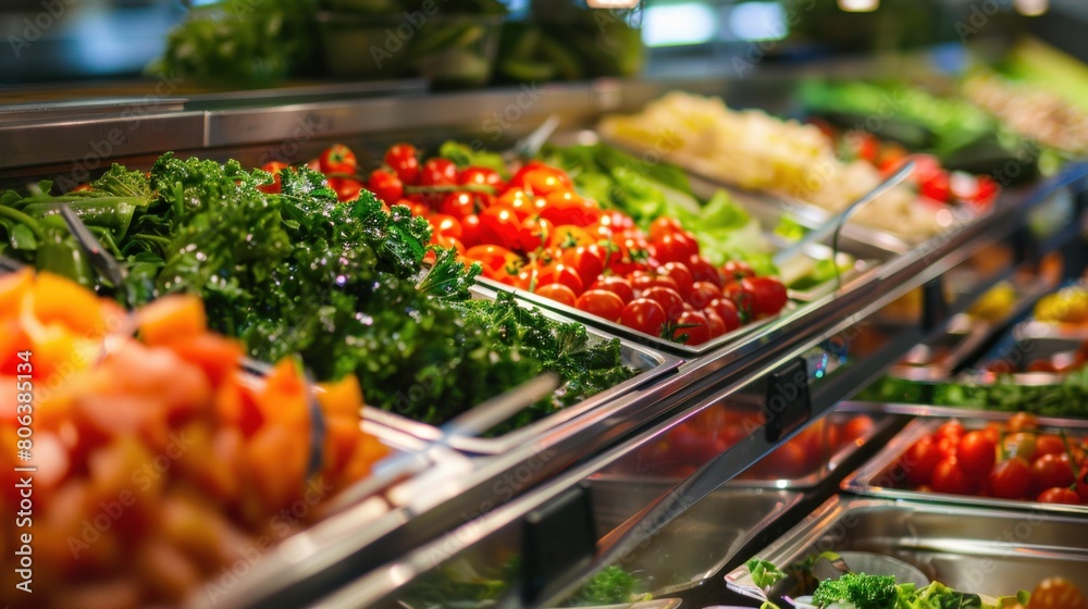 Salad Bar: A buffet-style salad bar featuring a variety of salad ingredients, including tomatoes, paprika, and lettuce, catering to vegetarian preferences and emphasizing freshness and variety.
