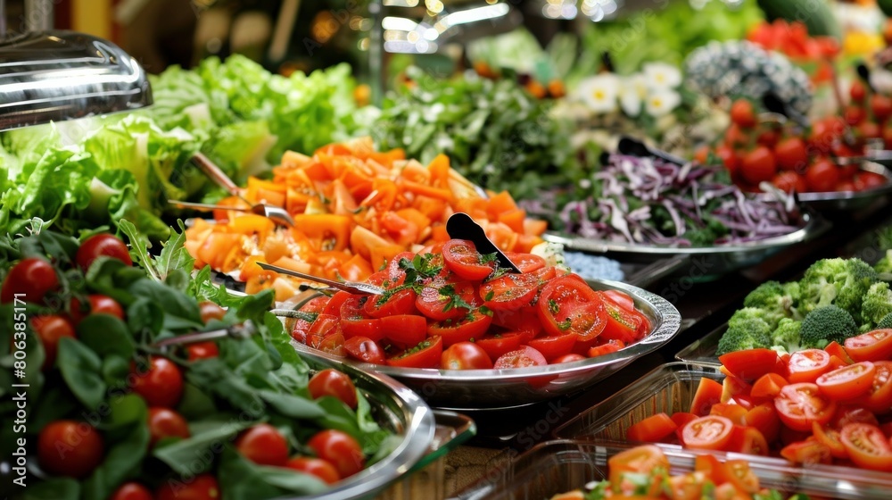 Salad Bar: A buffet-style salad bar featuring a variety of salad ingredients, including tomatoes, paprika, and lettuce, catering to vegetarian preferences and emphasizing freshness and variety.