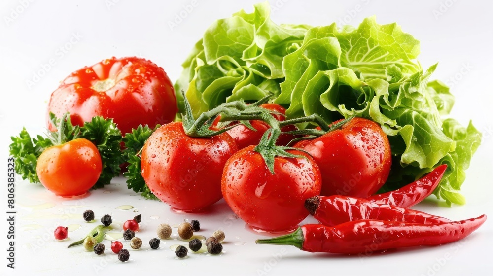 Vegetables for salad. vegetarian food. fresh tomato, paprika, lettuce. Generative AI