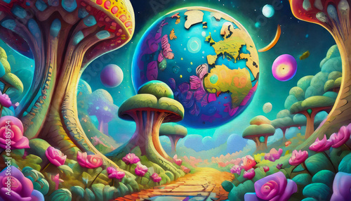 oil painting style cartoon illustration Mystery Space forest of colorful mushrooms 