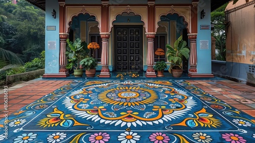 Create a colorful and vibrant rangoli pattern on the floor of a traditional Indian courtyard