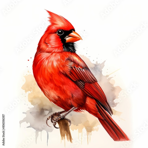 Red cardinal. Cardinal bird clipart. Watercolor illustration. Generative AI. Detailed illustration. © Studicon