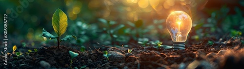 A surreal image of a light bulb sprouting small green leaves while embedded in soil, minimalist and bright, space for text photo
