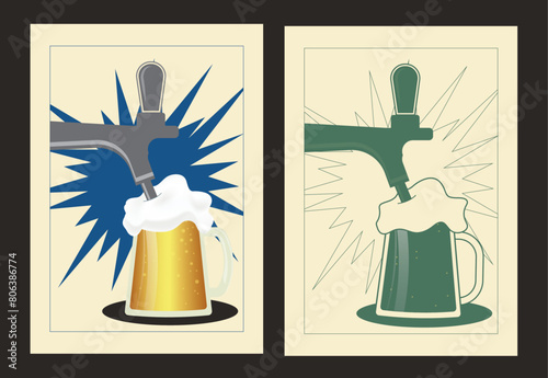 Mug and beer tap. Alcohol and drink. vintage style. illustration for web, invitation to beer party. Retro poster with beer and beer tap. beverage theme- Stock vector