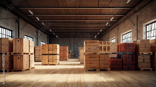 Large and light warehouse with wooden boxes for storing goods Generative AI