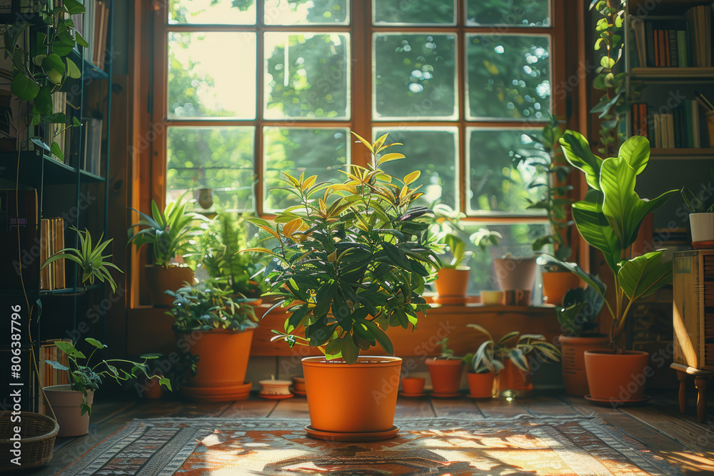 Cozy corner of a home library with a selection of houseplants for a serene and inspired reading atmosphere. AI generated. Cozy corner of a home library with a selection of houseplants for a serene and inspired reading atmosphere. AI generated.
