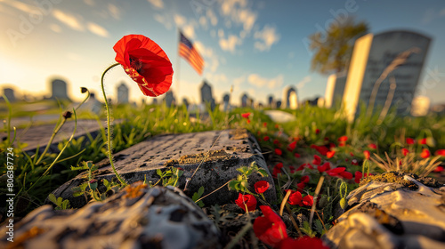American flag waving beside the tombstone. Wild red poppies grow on the hero's grave, Illustration of United States of America memorial day celebration, copy space photo