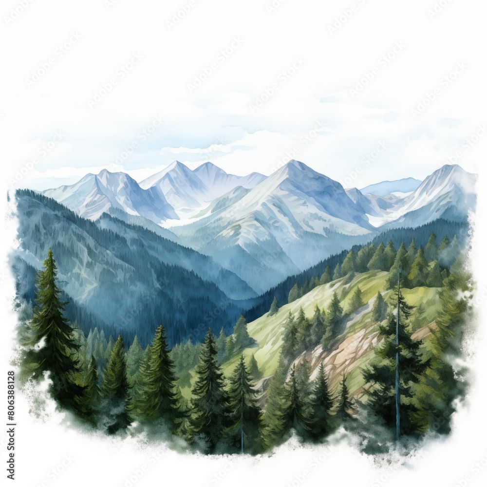 Carpathian mountains. Mountain landscape clipart. Watercolor illustration. Generative AI. Detailed illustration. Carpathian mountains. Mountain landscape clipart. Watercolor illustration. Generative AI. Detailed illustration.