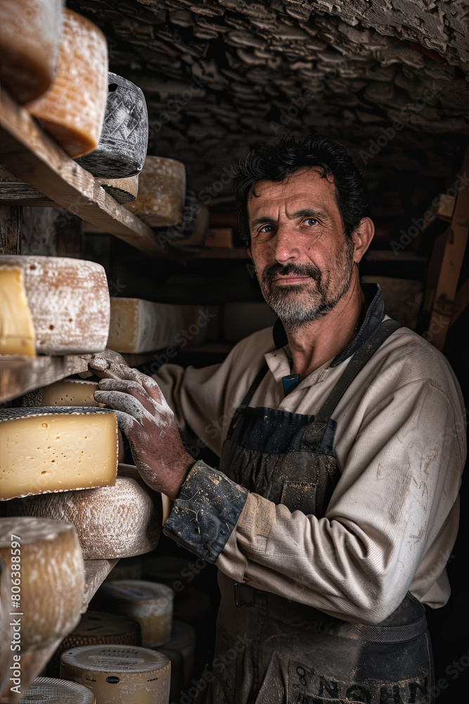male, man cheese maker businessman, individual entrepreneur, checks cheese in cellar, basement
